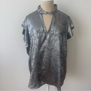 Worthington 0X Shimmering Silver Blouse Keyhole Neck Short Sleeve Satin